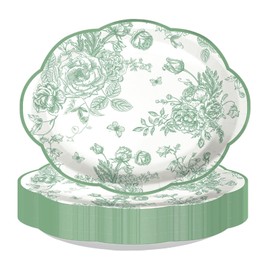 50Pcs Sage Green Floral Large Oval Paper Plates 12 x 10 Inch
