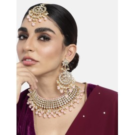 Aheli Pink Pearl Kundan gargantilla collar con pendiente Maang Tikka indio tradicional étnico nupcial conjunto de joyería para mujer