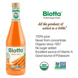 Biotta Organic Carrot Juice - 100% Juice Superfood For Optimal Eye Health, Immune Support & Muscle Recovery - Excellent Source of Vitamin A & Good Source of Potassium - (16.9 Fl Oz, Pk of 6)