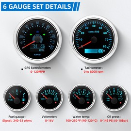 MH 6 Boat Gauge Set - 3-3/8" GPS Speedometer, Tachometer, 2-1/16" Oil Pressure Gauge, Fuel Level, Water Temperature, Voltmeter AUTO Marine Meter Kit with Sensor Alarm 7 Color (Black and Silver)