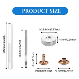 Juego de 100 remaches de piel de 10 x 8 mm, remaches de doble tapa, cierres de metal con 3 herramientas de ajuste para manualidades, decoración de reparación de bricolaje, tono dorado claro