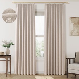Jowels Oatmeal Linen Pinch Pleated Curtains 100% Blackout Pinch Pleat Curtains 84 Inches 2 Panels,Pleated Linen Blackout Curtains for Bedroom,Thermal Insulated Pleated Curtains with Hooks,W40 x L84