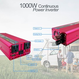 1000W/2600W(Peak )Continuous Output Power Inverter DC24V to 110V AC Converter 2600W Peak Output with 1 USB Ports and 2 AC Outlet for Road Trip, Camping, RV, Truck, Car, Pickup Truck