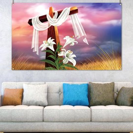 Vohado He is Risen Photo Booth Backdrop Easter Christian Cross Lily Flowers Spring Holiday Decoration Photography Background Wall Decor-5.9×3.6ft