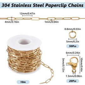 SUNNYCLUE 32.8 Feet Gold Paper Clip Chain Bulk Jewellery Paperclip Chain 18K Gold Plated Stainless Steel 12mm Oval Paper Clip Roll Spool Link Chains Kits for Jewellery Making Bracelet Necklace DIY