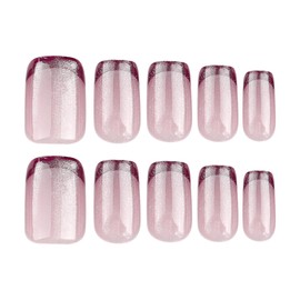 Red French Tip Press on Nails Medium Square Fake Nails Cat Eye Acrylic Nails Glossy Ombre False Nails Shiny Glitter Glue on Nails Squoval Artificial Nails Xmas Stick on Nails for Women Girls 24Pcs