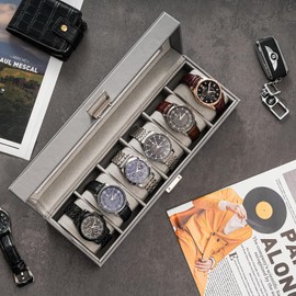 ProCase Watch Box for Men, 6 Slot Mens Watch Case, Watch Storage Watch Holder Organizer for Men, Watch Display Case With Glass Lid -6 Slot, Grey