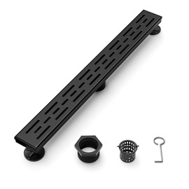 Fibetter 24 Inch Black Linear Shower Drain, Rectangular Shower Floor Drains with Brickwork Cover, 304 Stainless Steel Linear Drain with Leveling Feet, Hair Strainer (Matte Black)