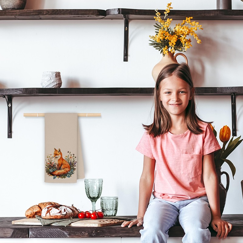 JINYO Floral Fox Kitchen Towels, Foxs Decor Tea Dish Towels