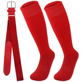 KEUKORZ Red Baseball Socks and Belt Set for Adult Long Baseball Socks Men Strenchy Softballball Belt Combo
