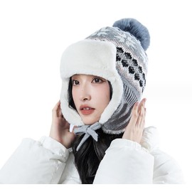 OhMill Women's Fleece Lined Hat Thick Floral Knit Pom Pom Bobble Hat with Ear Flap Ladies Beanie Cap Winter Hat Cap for Teenage Girls Students, Grey