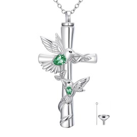 HVQP Hummingbird Cross Urn Necklaces for Ashes Women White Gold Plated S925 Sterling Silver w/Funnel Filler Memorial Cremation Jewelry with Emerald May Birthstone Sympathy Gifts for Women Loss of Loved One