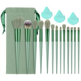 16本メイクブラシパフ スポンジ セットメイクブラシ 高級繊維毛 超柔らかい 化粧筆 多機能 化粧ブラシセット 持ち運びに便利 化粧収納袋付き (グリーン)