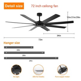 Unbranded Large Industrial Ceiling Fan No Light Quiet DC Motor w/3 Downrod & Wall Switch  - 72 inch
