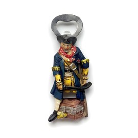 Pirate Bottle Opener Refrigerator Magnet, 3D Resin Figurine with Treasure Chest, Strong Magnetic Hold, Multicolor, Funny Cute Unique Kitchen Decor, 5.12 x 2.05 Inch (Blue)