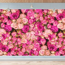 7x5FT Pink Red Rose Floral Wall Backdrop Flowers Photography Background Mothers Day Girls Women Princess Birthday Party Baby Shower Wedding Decoration Banner