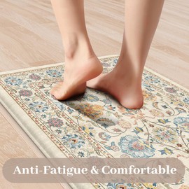 KIMODE Anti Fatigue Kitchen Mats for Floor, Boho Vintage Kitchen Rugs Sets of 2, Cream Colored Cushioned Kitchen Floor Mats, Comfort Standing Mat for Sink Laundry Office Desk 17"x47"+17"x29"