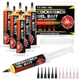 6 Tubes Cockroach Gel, Natural Formula Roach Gel with 2 Plunger for American, German Roach Species, Long-Lasting for Kitchen Bathroom Indoor Outdoor & Hidden Areas, Pet & Kids Safe, 30-Grams