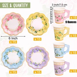 Kochorie 120 Pcs Floral Paper Teacups with Handle and Saucer Set Serve for 60 Guests 9 Oz Tea Party Decorations 4 Styles Flower Birthday Party Supplies Garden Baby Shower Bulk