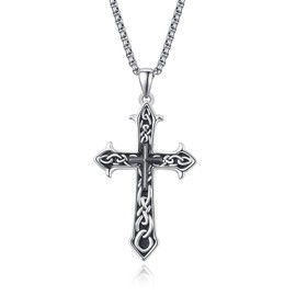 KATHLU Jesus Cross Pendant Necklace for Men 925 Sterling Silver Religion Medals Amulet Protection Crucifix Necklace Jesus Cross Jewellery Gift, Silver, No Gemstone