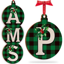 Christmas Initial Ornament for Christmas Tree Decorations - 12x10cm - Xmas Wooden Hanging Baubles - Xma Family Tree Gifts C2 (Initial #P)