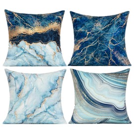 VAKADO Decorative Throw Pillows Covers Couch Navy Blue Gold Marble 26x26 Set of 4 Outdoor Teal Abstract Patio Pillow Decor Couch Cushions for Indoor Bedroom
