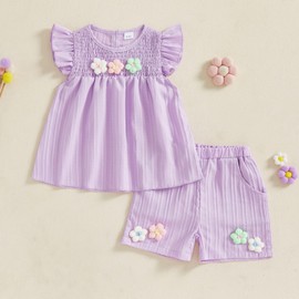 LYSINK Toddler Baby Girl Summer 2 Piece Outfits Cute 3D Flower Embroidery Ruffle Smocked Tops and Elastic Waist Shorts Sets (03Purple, 12-18 Months)