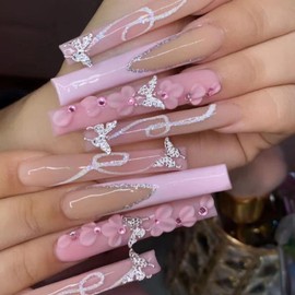 VOTACOS Square Press on Nails Long Fake Nails with Butterfly Rhinestone Designs Pink Flower Glue on Nails Glossy False Nails for Women