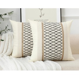 LIGICKY Set of 2 Boho Cushion Covers Linen Cotton Decorative Striped Woven Style Black Grid Stitching Soft Square Throw Pillow Covers for Sofa Bedroom Living Room Party Décor, 18 x 18 inch