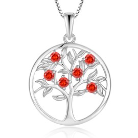 Guesma Red Garnet Tree of Life Necklace for Women - Solid Sterling Silver 18K White Gold Plated Created Birthstone Pendant - Wife Mom Mother Grandmother Birthday Anniversary Jewelry