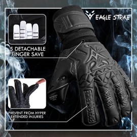 Eagle Strike Soccer Goalie Gloves - Fingers Protection, Sizes 5 to 11, 4mm German Giga Latex Pro-Level Gloves (Black, 5)
