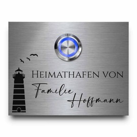 'Engraved Stainless Steel Door Chime/Doorbell Plate Set Model Walter with LED Switch/Button and Name Engraving/SEE High Fibre Laser Engraving.