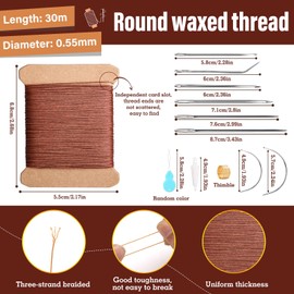 KAQRHFT 32 Yards Leather Upholstery Sewing Waxed Thread, 0.55 mm Leather Sewing Thread with Heavy Duty Needles, Round Waxed Thread for Leather Sewing Brown