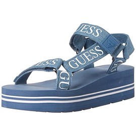 GUESS Women's Avin Wedge Sandal, Blue+white Denim, 9.5
