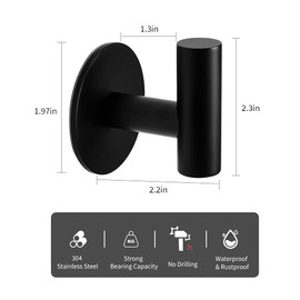 Self Adhesive Towel Hook Matte Black Coat Hook Brushed Nickel SUS304 Stainless Steel Heavy Duty Waterproof Towel Robe Clothes Hook Holder for Bathroom Kitchen Office Hotel Pool Wall Mounted Hook-2Pack