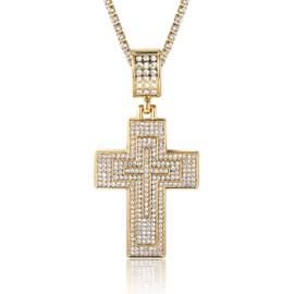 Gold chain with cross men's iced out, 18 carat real gold plated/platinum plated white gold cross pendant necklace, full cubic zirconia laboratory diamonds prong set, with rope chain 60 cm, tennis
