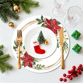 Tarklanda Christmas Placemats Set of 6, 13.4 Inch Round Washable Vinyl Dining Table Mats Xmas Poinsettia Floral Plastic Placemats for Home Kitchen Winter Holiday Party Decor