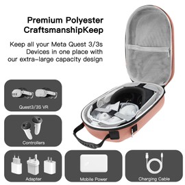 bibuks Hard Carrying Case Compatible with Oculus Meta Quest 3/3S,VR Headset Elite Strap and Touch Controller Accessories Carry Case,Hard Shell Travel Storage Bag (Pink)