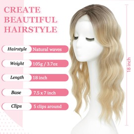 Lasunork Hair Toppers for Women Wavy Curly Hair Topper Hand-Tied Lace Clip in Fringe (Ombre Dark Root to Blonde)