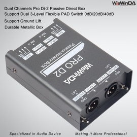 WisWinDa Pro Di-2 Passive Stereo Direct Box With 3-Level PAD Switch Dual Channel XLR Input 1/4” Output Low Distortion Free Phase Distortion for Musical Instruments (Pro Di-2 Gray)