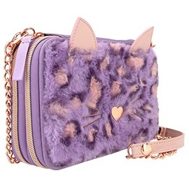 Depesche 12149 TOPModel Lilac Leo Love - Filled 2-Compartment Pencil Case for Hanging, with Plush in Purple, Leo Print and Ears, Pencil Case with Colouring Pencils, Ruler, Scissors and Much More