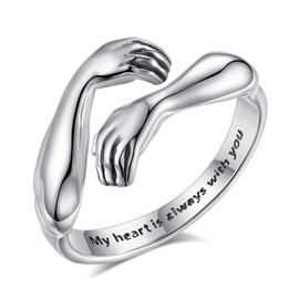 EUDORA Hug Rings for Women Men S925 Sterling Silver, Adjustable Hugging Hands Open Ring Always with You Couples Bands Rings Promise Ring Jewelry Gifts for Dad Mom Wife Husband Son Daughter Couples