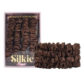 Silkie SILKIE x4 Set 100% Pure Mulberry Silk Brown Skinny Scrunchies Travel Pouch Everyday Hair Ties Elastics Hair Care Ponytail Holder No Damage (Praline)