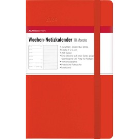 Weekly Note Calendar 18 Months Small Red 2024 - Pocket Calendar 9 x 14 cm - with Closure Strap & Folding Pocket - July 2023 to Dec 2024 - Weekly - 208 Pages