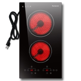 2 Burner Electric Cooktop, 110v Electric Stove with Plug, 12 Inch Countertop & Built-In Portable Electric Stove, 9 Levels of Power, 2000W, Touch Control, Safety Lock, Timer, Pause Function, Karienvir