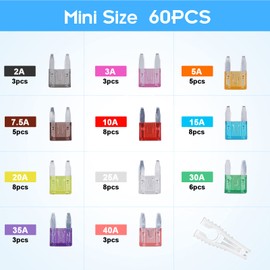 JOREST 60 PCS Car Fuses for Car/Truck/Motorcycle (2A 3A 5A 7.5A 10A 15A 20A 25A 30A 35A 40A), Mini Flat Car Fuse + 1pcs Fuse Clip