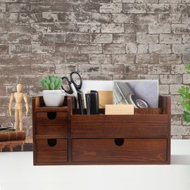 ExoLiry Rustic Brown Wooden Desktop Organizer Drawers Removable Office Supplies Torched Wood Storage Cabinet Caddy Box Stationery Pencil Slots Mail Holder Notes Accessories Home Makeup Tools Cosmetics
