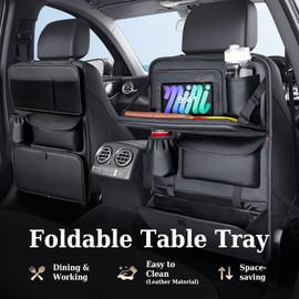 Coverado Backseat Car Organizer, Nappa Leather Car Seat Organizer with Touch Screen Tablet Holder, Foldable Food Tray, Kick Mats Protector, Multi Car Storage Accessories, Garbage Bag Holder-1 Pack