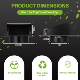 Rossesay Roof Vent Cap with Damper Removable Screen and Bottom Extension Kitchen Range Hood Steel Roof Bathroom Exhaust for Ventilation System, Black(8 Inch)