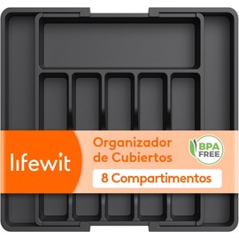 Lifewit Organizador de Cubiertos, Bandeja para Cubiertos Extensible, Cubertero para Cajón para Menaje, Organizador de Cubertería Ajustable y Compacto para Cucharas Tenedores Cuchillos, Grande, Negro